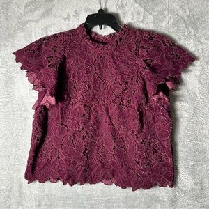 Anthropologie Velvet Blouse Womens M Purple Cutwork Flutter Short Sleeve Holiday